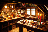 Cozy rustic wooden log cabin house interior, christmas decoration, candles, warm lights, merry christmas