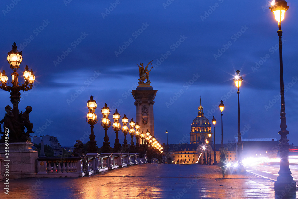 The famous Alexandre III bridge at rainy night, Paris, France