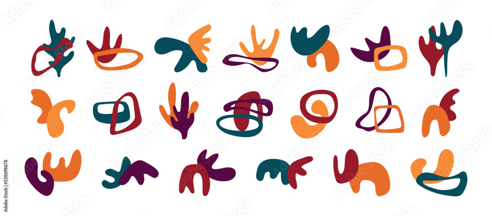 Set hand drawn trendy matisse elements, shapeless forms, abstract shapes for create modern design. Collection of vector decorative elements, matisse bundle for create stylish collage, banner or poster