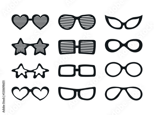 Vector set of black glasses illustration. Photo prop elements, different fashion glasses for masquerade, carnival or party. Collection of party sunglasses silhouettes, heart star funny shaped.