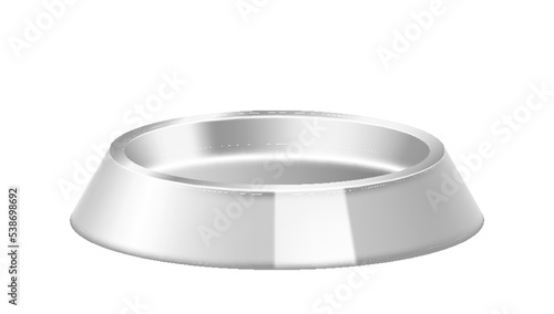 Realistic metal pet bowl. Utensil for feeding domestic animals. Plate for cat and dog food drink
