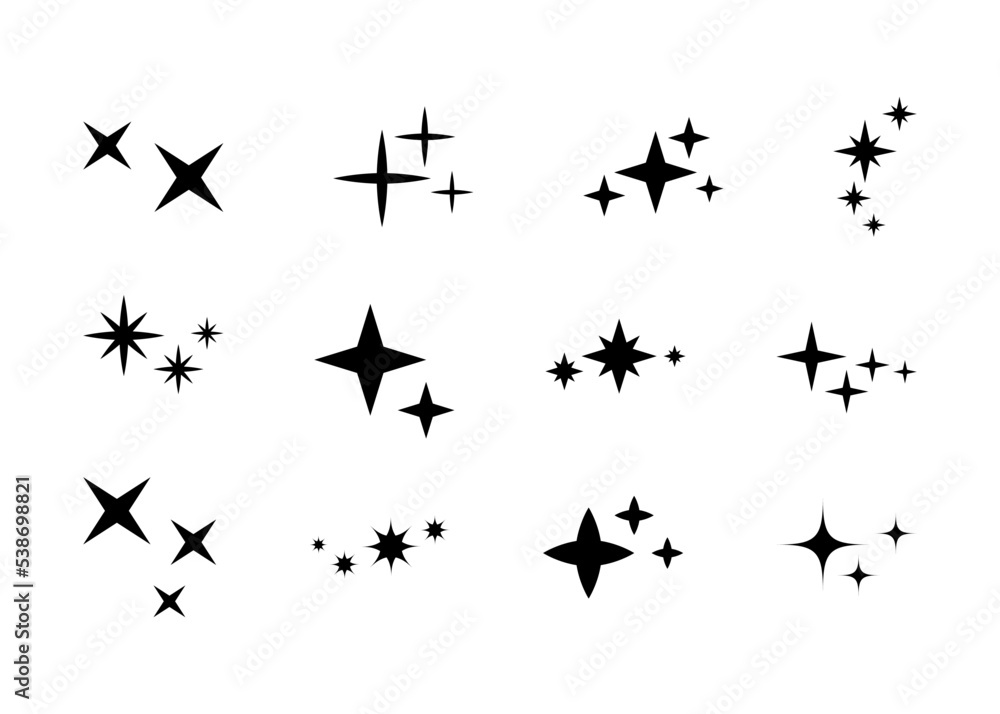 Set of decorative sparkles elements. Black little stars, isolated on white background. Cute star silhouettes for decorating invitations and cards, holiday decor and design. Set of decorative sparkles elements. Black little stars, isolated on white background. Cute star silhouettes for decorating invitations and cards, holiday decor and design.
