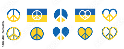 Ukrainian peace sign symbol set. Support for Ukraine icons set in yellow blue colors. Ukrainian sign, symbol, emblem or sticker, patriotic vector elements, isolated on white background.