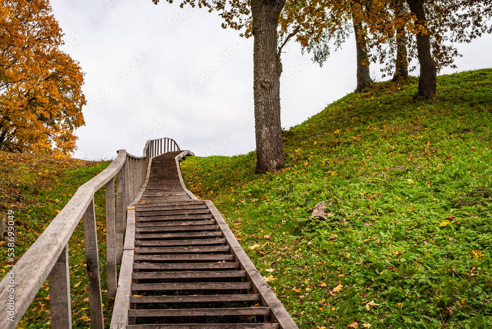 Steep wooden stairs to a hill near Dubingiai, Lithuania