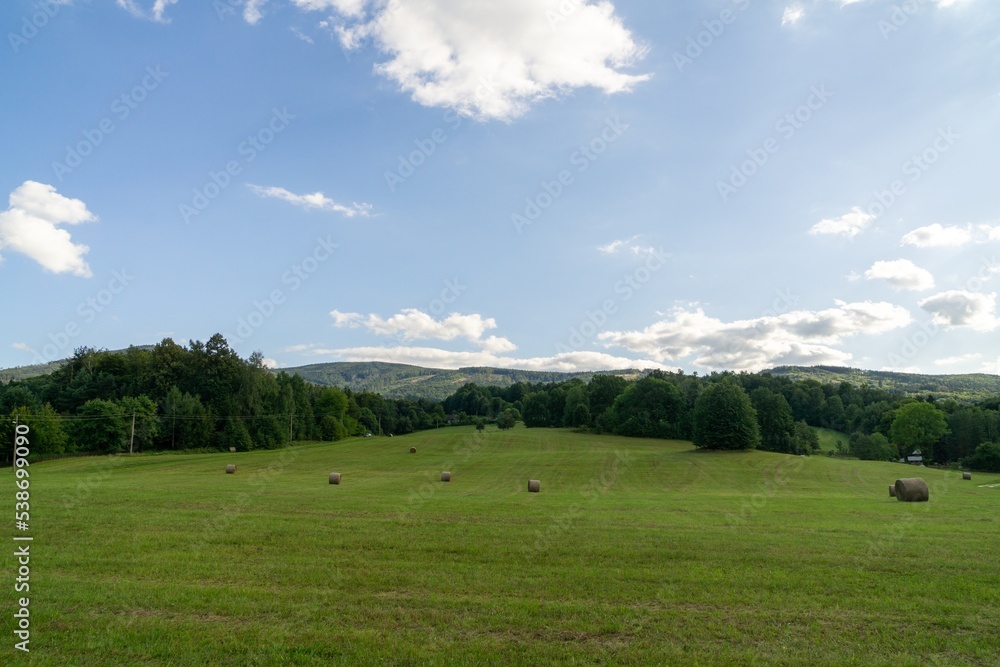 Hay bales and haystacks on the field during autumn. Slovakia Hay bales and haystacks on the field during autumn. Slovakia