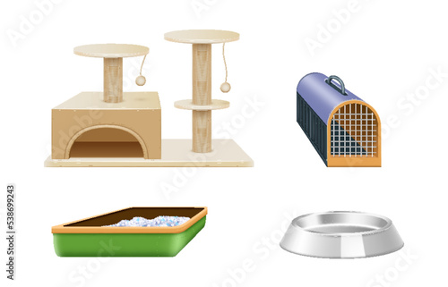 Pet shop accessories. Set of pet supplies, cat house scratching tree, toilet box, bowl and carrier