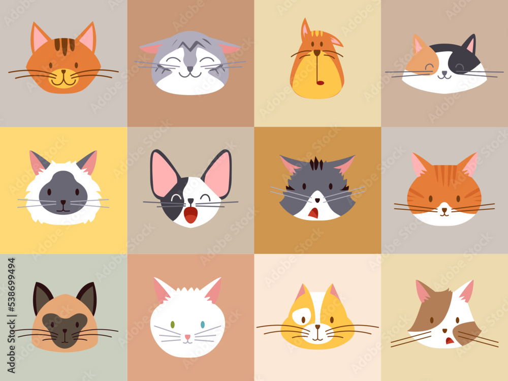 Cats emotions faces. Cute kitten avatars, cartoon pets face. Different emotions cat, childish stickers vector set