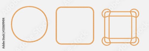 3d realistic square and round frames from ropes. Jute or hemp twisted cords with loops and knots
