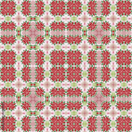 Seamless Christmas poinsettia retro pattern. Decorative ornament in seasonal red for December holiday background. Winter botanical vintage scandi repeat tile. 