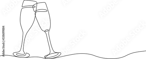 Two clinking champagne glasses one line design. Creative sparkling wine glass, continuous lines vector banner. Design for party, anniversary celebration, new year festival
