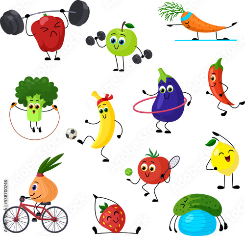 Cartoon sport fruits, funny yoga and strong training. Fit fruit, pepper, strawberry carrot and apple. Healthy food garish characters, vegetable vector set © LadadikArt