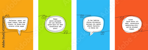 Continuous line quote banners. Brackets review, motivational empty bubbles continuous lines. Modern creative message or comments tidy vector templates