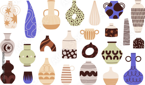 Flat different vases. Ceramic scandinavian vase and pots, minimalistic style decorative jugs. Trendy style pottery pitcher, cups and racy bowls vector set