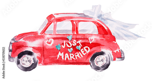 Vintage car with veil. Watercolor hand painted just married car. Wedding concept illustration. Romatic design isolated on white. photo