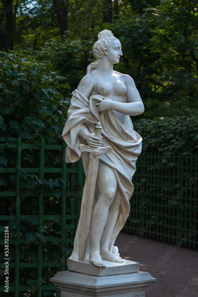 Marble statue of justitia in Summer Garden, Saint Petersburg, Russia