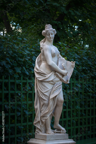 Marble statue of Mercy (Clementia) by Pietro Baratta in Summer Garden, Saint Petersburg, Russia