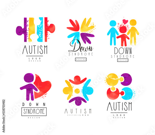 Autism and Down Syndrome Abstract Emblems with Puzzle and Bright Hand Palm Vector Set