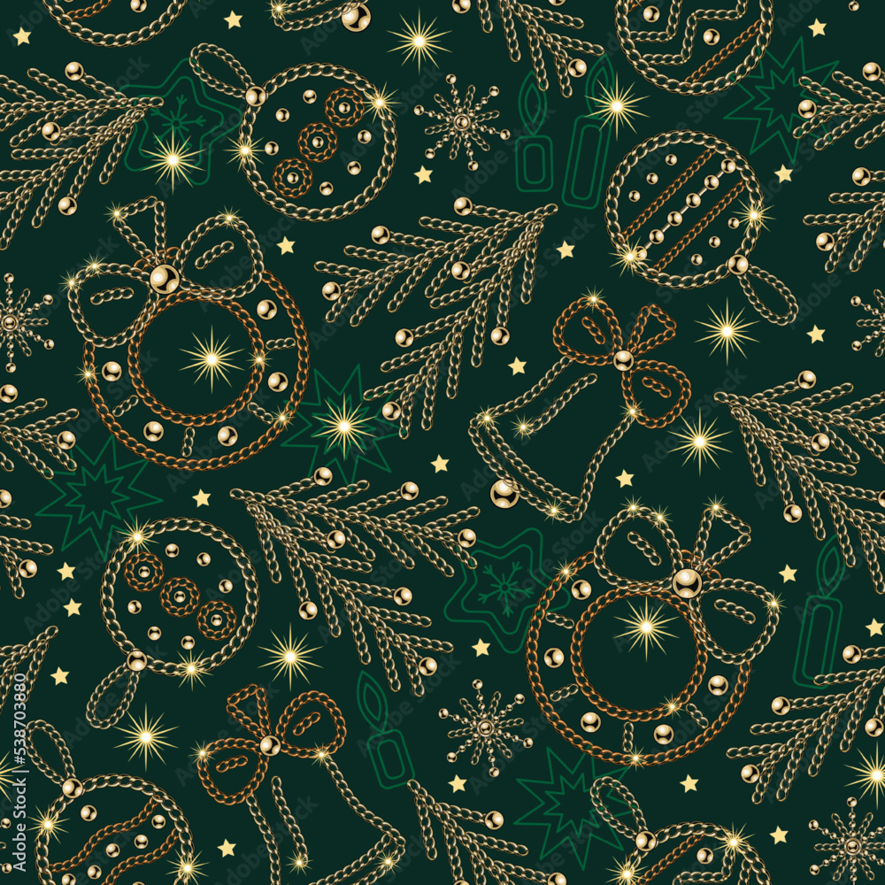 Φωτογραφία Seamless pattern with christmas balls, bells, wreath, spruce branch made of jewelry gold chains, shiny ball beads