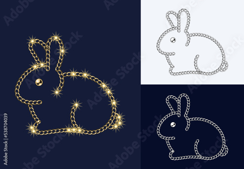 Rabbit made of jewelry gold chain, shiny ball beads Elegant illustration for holidays, christmas, new year decoration Monochrome black and white version