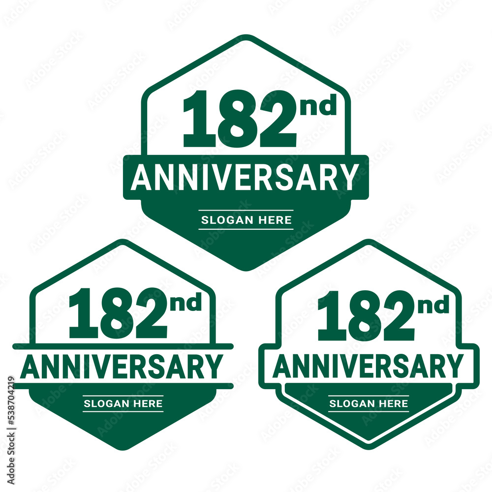 Set of 182 years Anniversary logotype design. 182nd birthday celebration logo collection. Set of anniversary design template. Vector illustration.	