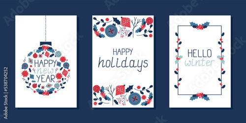 Christmas and new year vector cards in blue,red,white etc. With flowers and balls