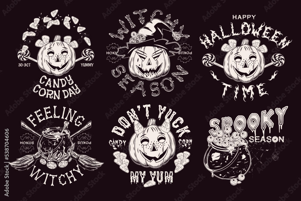 Set of halloween labels with sweets, witch hat, candy corn, eyes, cauldron, broomstick, text, pumpkins like human characters such as happy kids and funny witch Monochrome emblems on a black background Set of halloween labels with sweets, witch hat, candy corn, eyes, cauldron, broomstick, text, pumpkins like human characters such as happy kids and funny witch Monochrome emblems on a black background