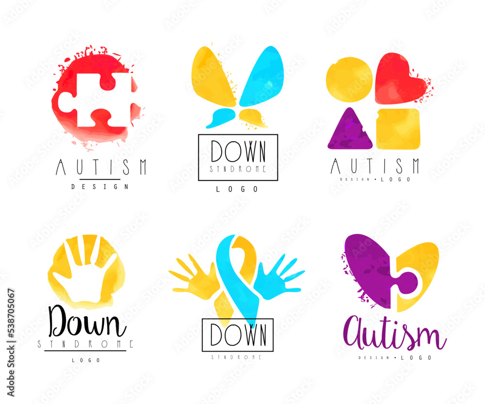 Autism and Down Syndrome Abstract Emblems with Puzzle and Bright Hand Palm Vector Set Autism and Down Syndrome Abstract Emblems with Puzzle and Bright Hand Palm Vector Set