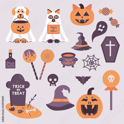 a set of Halloween illustrations, orange scary pumpkins, a cat and a dog in a ghost costume, candies, lollipops and autumn holiday paraphernalia