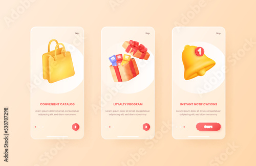 Mobile shop onboarding. Walkthrough instructions steps on ui screen smartphone app 3d template, digital purchase concept online buying, path web slide card kit vector illustration