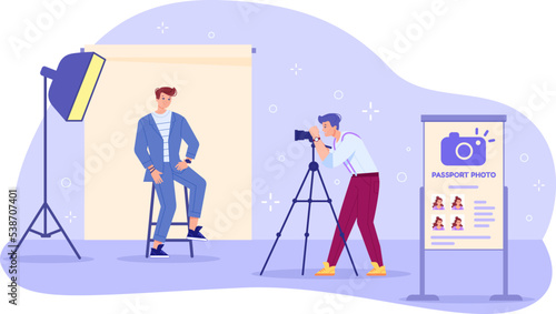 Shooting photo for documents. Photographer shoot photo portrait image for document, professional photograph studio work photographing session on mirror camera, vector illustration photo
