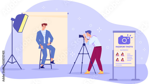 Shooting photo for documents. Photographer shoot photo portrait image for document, professional photograph studio work photographing session on mirror camera, vector illustration