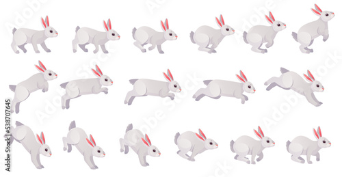 Rabbit animation. Bunny jump or animated running motion cycle for 2d game, speed run hare body animal sequence frame set sprite sheet different move, ingenious vector illustration