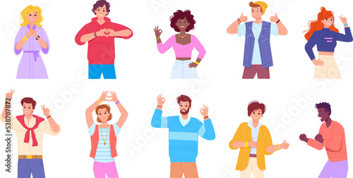 Happy people language gestures. Confident characters showing hand gesture sign ok, smile guy show yes or yeah body signal, student positive expressions swanky vector illustration