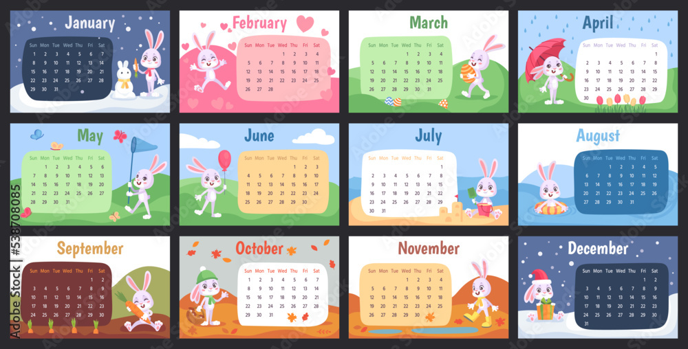 Rabbit wall calendar. Chinese 2023 year bunny monthly planner design for family, kid gift poster with month birthday funny cartoon cute animal, ingenious cards vector illustration - obrazy, fototapety, plakaty 