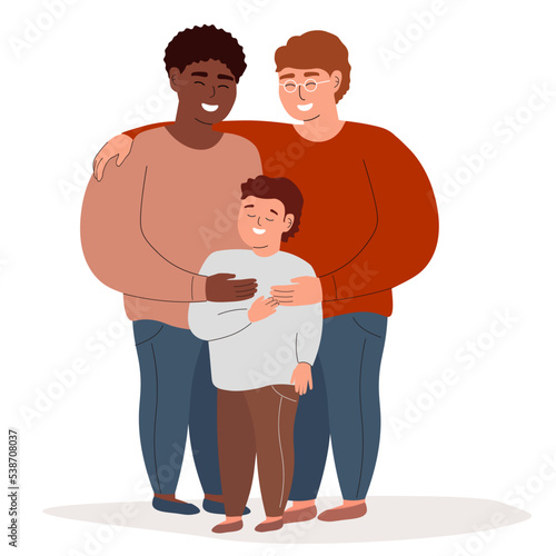 A couple of two men with a son. A same-sex homosexual family happily embraces. Vector graphics.