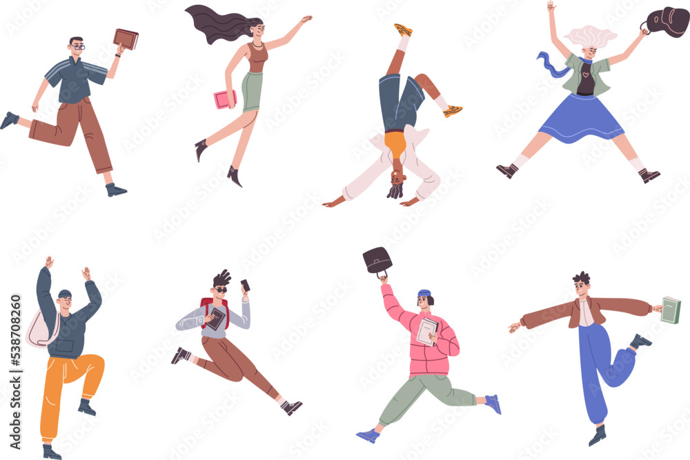 Students jumping poses. Jump diverse cartoon people, happy laughing friends freedom pose, energetic teen office employee active teenagers with backpack, recent vector illustration
