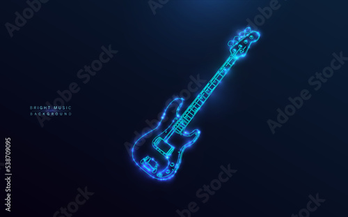 Starry guitar. Musical instrument icon, outline design, with blue stars and sparkles. Modern symbol in deep blue space.