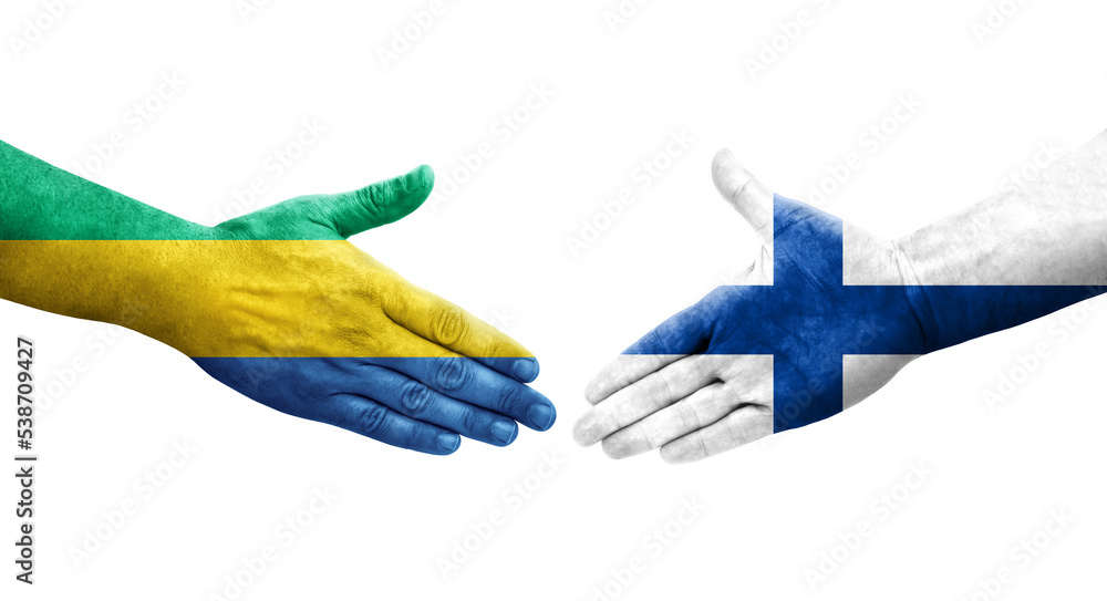 Handshake between Finland and Gabon flags painted on hands, isolated transparent image. Handshake between Finland and Gabon flags painted on hands, isolated transparent image.