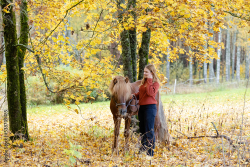 Young woman under yellow maple tree with Icelandic horse © AnttiJussi