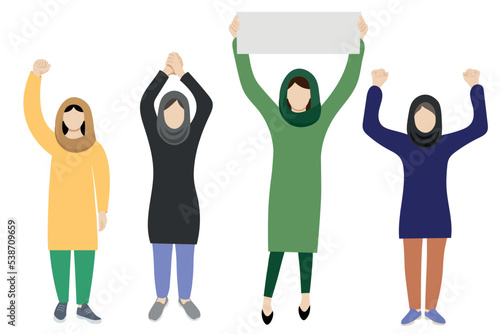 Full length portraits of women in headscarves with arms raised above their heads, flat vector, isolate on white background, faceless illustration, Iran protests, Iranian women