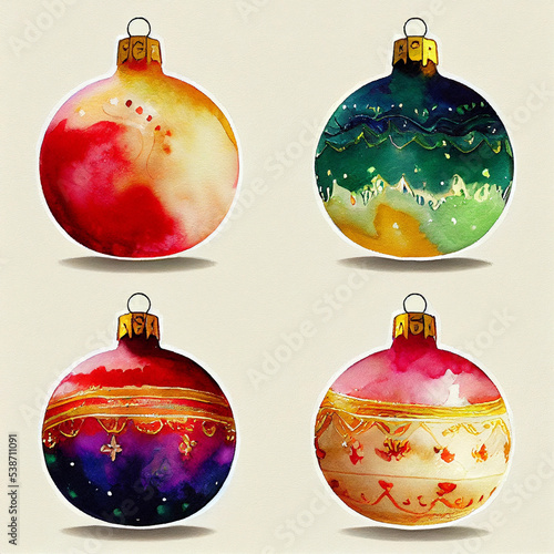 Colorful ecorated Christmas ball on white background. Watercolor illustration photo