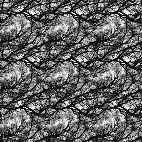 Black branches intertwine on a light sky - photorealistic seamless illustration. Photorealistic seamless illustration of dark intertwining branches against a light sky in shades of black and white.