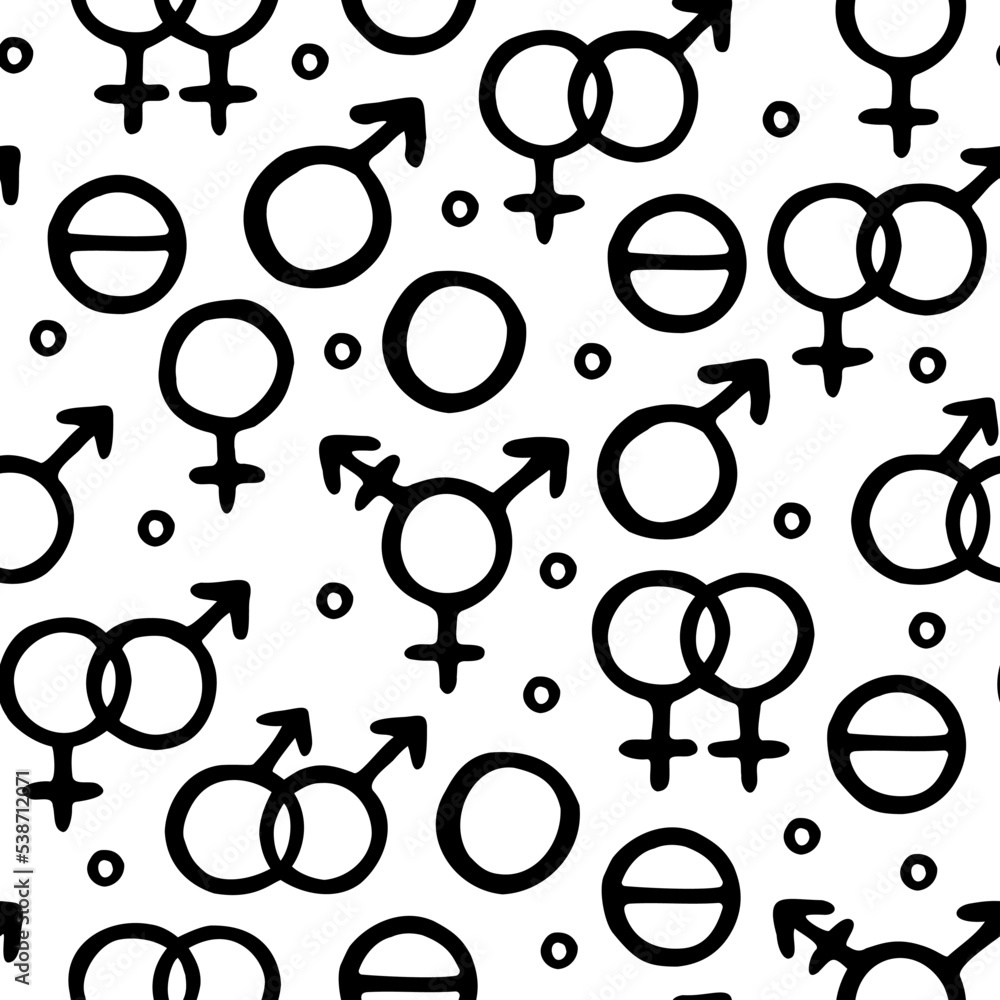 Vector seamless pattern with symbols of genders and sexual orientation. Hand drawn design for wrappings, textile, wallpaper and backgrounds. Vector seamless pattern with symbols of genders and sexual orientation. Hand drawn design for wrappings, textile, wallpaper and backgrounds.