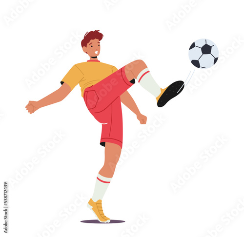 Young Football Player Character In Team Uniform Kick Ball, Sportsman During Soccer Competition, League, Tournament
