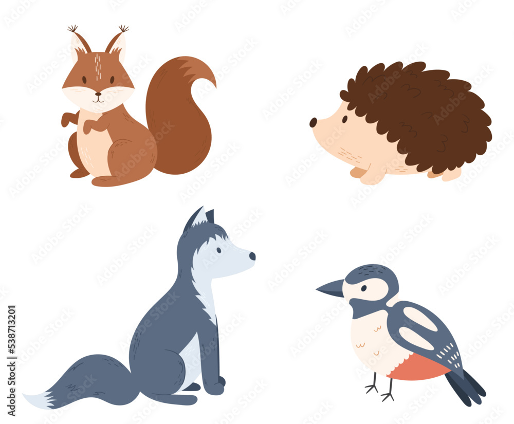 Set Of Forest Animals Squirrel, Hedgehog, Wolf And Bird Isolated On White Background. Kawaii Woodland Kids Personages
