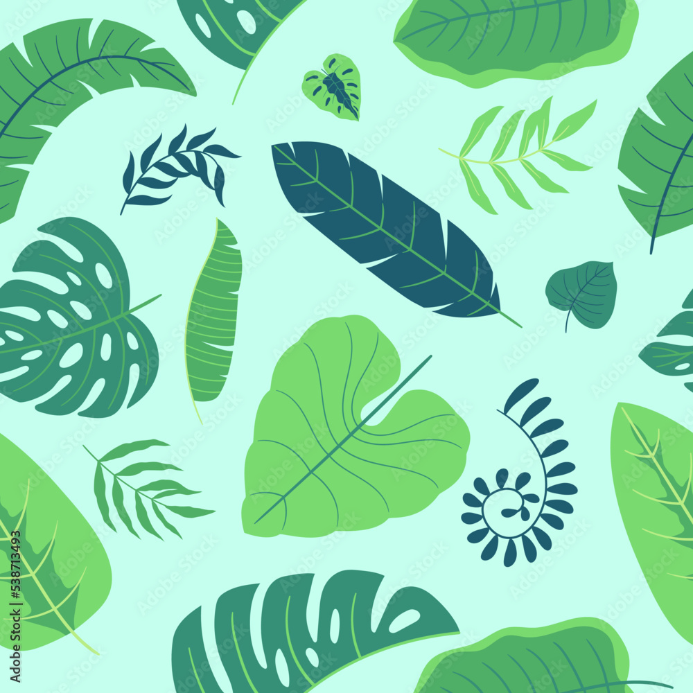 Tropical Floral Pattern with Green Leaves and Branches. Seamless Botanical Background. Palm Leaves Paper, Textile Print