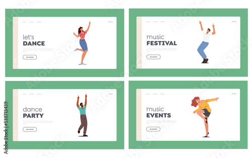 Music Party Landing Page Template Set. Happy People Clubbing and Dancing Disco at Night Club Floor Vector Illustration
