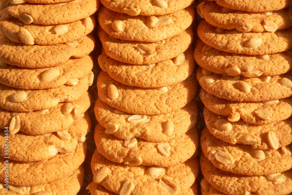 Rows of delicious round cookies with nuts. Rows of delicious round cookies with nuts.