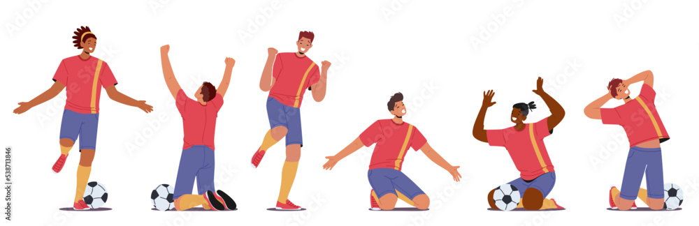 Set Of Football Players Celebrate Victory. Happy Soccer Sportsmen Win After Goal Yelling And Show Winner Gestures Set Of Football Players Celebrate Victory. Happy Soccer Sportsmen Win After Goal Yelling And Show Winner Gestures