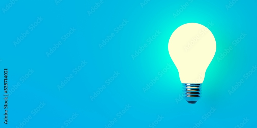 Single glowing light bulb over blue background with copy space, invention or innovation concept Single glowing light bulb over blue background with copy space, invention or innovation concept